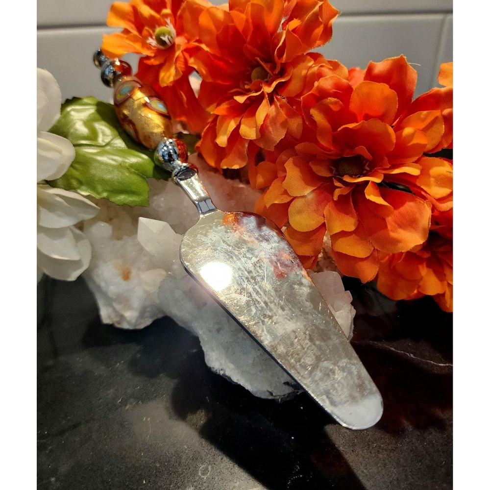 Vintage Murano Style Cake Server Gold Leaf Millefiori Glass Silver Plated Boxed